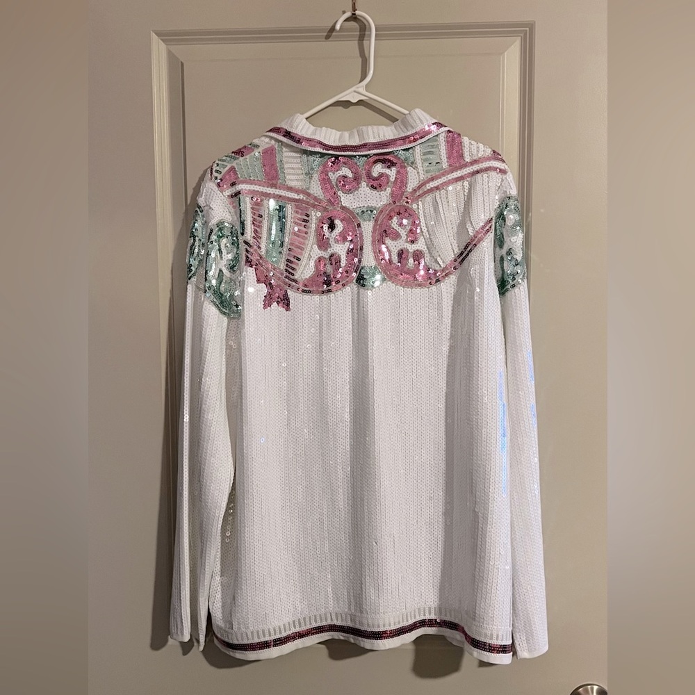 Embellished Sequin Long Sleeve Button Down Top in White Size L NWT